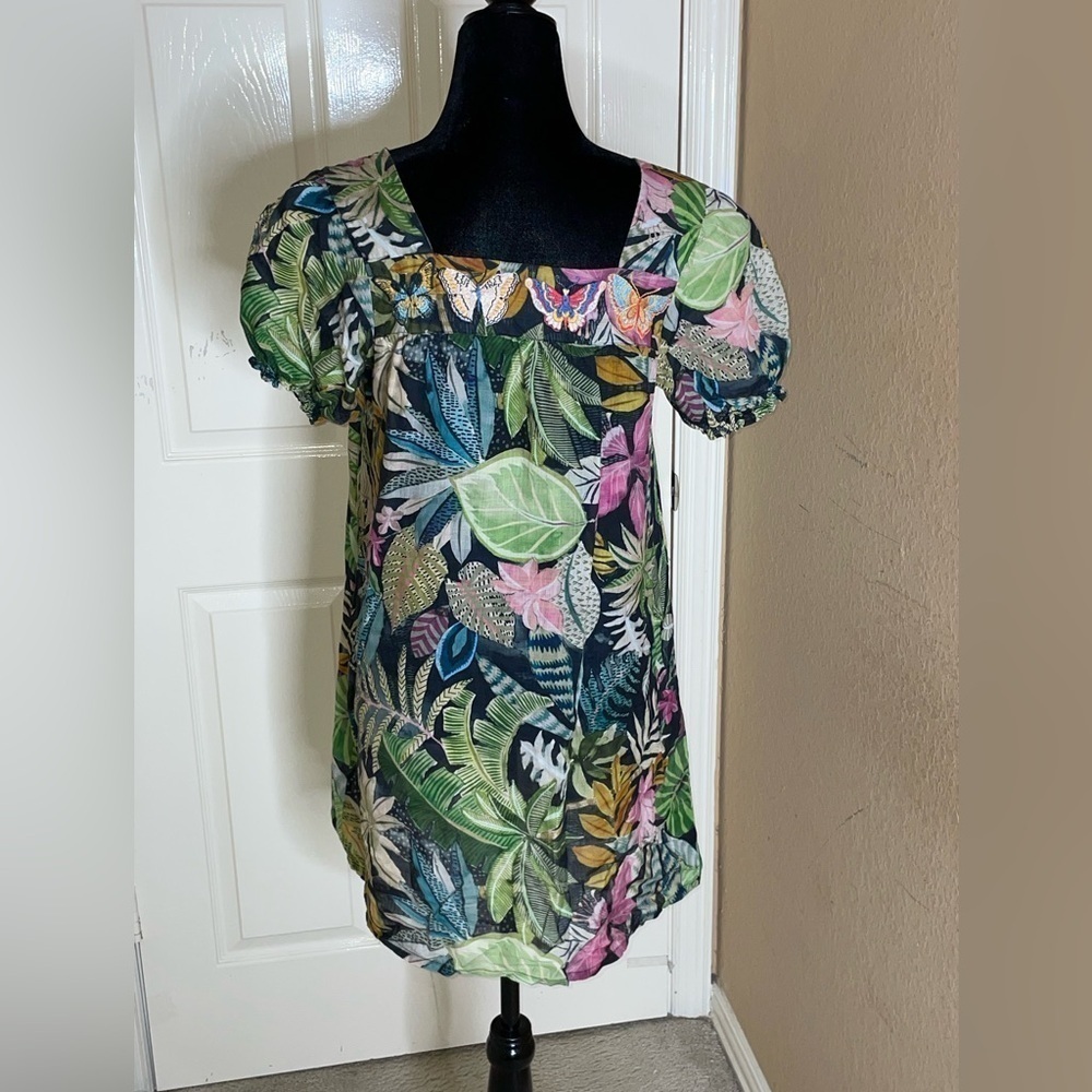 Johnny Was Workshop Tropical Puff Sleeve Tunic Dress in Green Multicolor XS‌‌‌‌‌ - Picture 10 of 12